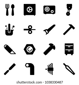 Solid vector icon set - spoon and fork vector, safe, piston, casting of steel, rolling, saw, hammer, work knife, nut, screw, tool cabinet, rasp, allen key, set, forceps