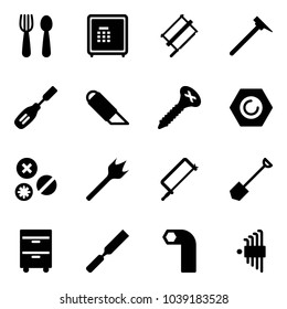 Solid vector icon set - spoon and fork vector, safe, bucksaw, mason hammer, chisel, work knife, screw, nut, rivet, wood drill, metal hacksaw, shovel, tool cabinet, rasp, allen key, set
