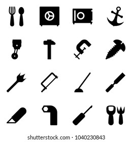Solid vector icon set - spoon and fork vector, safe, anchor, piston, hammer, clamp, screw, wood drill, metal hacksaw, hoe, rasp, work knife, allen key, awl, shovel toy