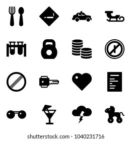 Solid vector icon set - spoon and fork vector, smoking area sign, safety car, sleigh, vial, weight, coin, no parkin odd, limit road, key, heart, document, sunglasses, drink, storm, wheel horse