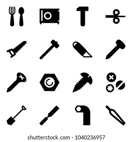 Solid vector icon set - spoon and fork vector, safe, work, steel rolling, saw, sledgehammer, knife, nail, screw, nut, rivet, shovel, rasp, allen key, forceps