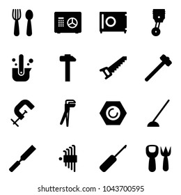Solid vector icon set - spoon and fork vector, safe, piston, casting of steel, hammer, saw, sledgehammer, clamp, plumber, nut, hoe, rasp, allen key set, awl, shovel toy