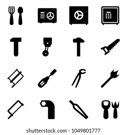 Solid vector icon set - spoon and fork vector, safe, work, piston, hammer, saw, bucksaw, chisel, plumber, wood drill, metal hacksaw, allen key, forceps, shovel toy