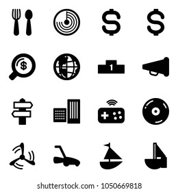 Solid vector icon set - spoon and fork vector, radar, dollar sign, money search, globe, pedestal, speaker horn, signpost, building, joystick wireless, cd, wind mill, lawn mower, sailboat toy