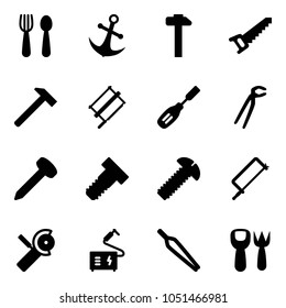 Solid vector icon set - spoon and fork vector, anchor, hammer, saw, bucksaw, chisel, plumber, nail, bolt, screw, metal hacksaw, Angular grinder, welding, forceps, shovel toy