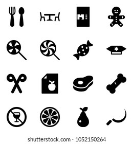 Solid vector icon set - spoon and fork vector, cafe, coffee machine, cake man, lollipop, candy, santa stick, diet list, meat, broken bone, no alcohol sign, lemon slice, pear, sickle