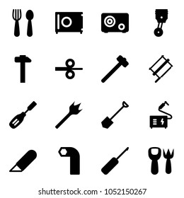 Solid vector icon set - spoon and fork vector, safe, piston, hammer, steel rolling, sledgehammer, bucksaw, chisel, wood drill, shovel, welding, work knife, allen key, awl, toy