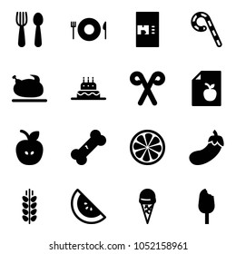 Solid vector icon set - spoon and fork vector, plate, coffee machine, lollipop, turkey, cake, santa stick, diet list, apple, broken bone, lemon slice, eggplant, spica, watermelone, ice cream