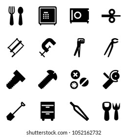 Solid vector icon set - spoon and fork vector, safe, steel rolling, bucksaw, clamp, plumber, bolt, screw, rivet, Angular grinder, shovel, tool cabinet, forceps, toy