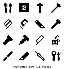 Solid vector icon set - spoon and fork vector, safe, hammer, sledgehammer, bucksaw, clamp, work knife, nail, bolt, screw, metal hacksaw, welding, rasp, forceps, shovel toy