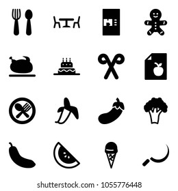 Solid vector icon set - spoon and fork vector, cafe, coffee machine, cake man, turkey, santa stick, diet list, plate, banana, eggplant, broccoli, watermelone, ice cream, sickle