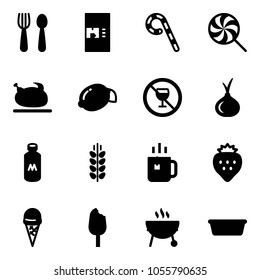 Solid vector icon set - spoon and fork vector, coffee machine, lollipop, turkey, lemon, no alcohol sign, onion, milk, spice, green tea, strawberry, ice cream, grill, basin