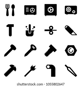 Solid vector icon set - spoon and fork vector, safe, work, casting of steel, rolling, knife, nail, screw, bolt, nut, wood drill, allen key, forceps