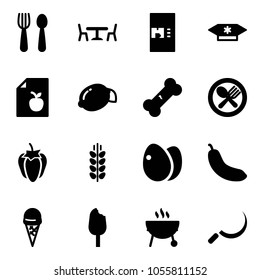 Solid vector icon set - spoon and fork vector, cafe, coffee machine, candy, diet list, lemon, broken bone, plate, sweet pepper, spica, eggs, banana, ice cream, grill, sickle