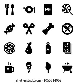 Solid vector icon set - spoon and fork vector, plate, coffee machine, lollipop, candy, santa stick, broken bone, lemon slice, pear, milk, breads, green tea, ice cream, grill