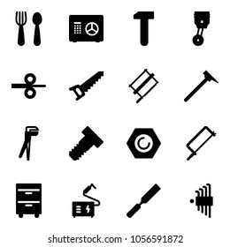 Solid vector icon set - spoon and fork vector, safe, work, piston, steel rolling, saw, bucksaw, mason hammer, plumber, bolt, nut, metal hacksaw, tool cabinet, welding, rasp, allen key set