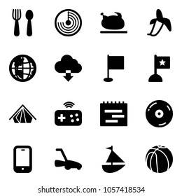 Solid vector icon set - spoon and fork vector, radar, turkey, banana, globe, download cloud, flag, tent, joystick wireless, terms plan, cd, mobile phone, lawn mower, sailboat toy, basketball