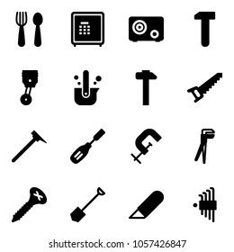 Solid vector icon set - spoon and fork vector, safe, work, piston, casting of steel, hammer, saw, mason, chisel, clamp, plumber, screw, shovel, knife, allen key set