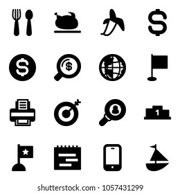 Solid vector icon set - spoon and fork vector, turkey, banana, dollar sign, coin, money search, globe, flag, printer, target, head hunter, pedestal, terms plan, mobile phone, sailboat toy