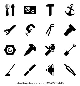 Solid vector icon set - spoon and fork vector, safe, work, anchor, saw, clamp, plumber, bolt, nut, screw, Angular grinder, shovel, hoe, rasp, allen key set, forceps