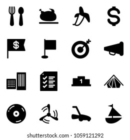 Solid vector icon set - spoon and fork vector, turkey, banana, dollar, flag, target, speaker horn, building, list, pedestal, tent, cd, wind mill, lawn mower, sailboat toy