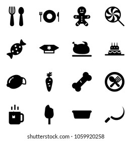 Solid vector icon set - spoon and fork vector, plate, cake man, lollipop, candy, turkey, lemon, carrot, broken bone, green tea, ice cream, basin, sickle