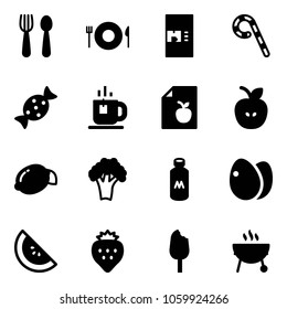 Solid vector icon set - spoon and fork vector, plate, coffee machine, lollipop, candy, tea, diet list, apple, lemon, broccoli, milk, eggs, watermelone, strawberry, ice cream, grill