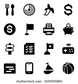 Solid vector icon set - spoon and fork vector, radar, banana, dollar sign, coin, flag, printer, piggy bank, signpost, list, joystick wireless, terms plan, mobile phone, sailboat toy, basketball