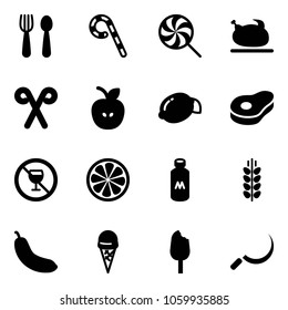 Solid vector icon set - spoon and fork vector, lollipop, turkey, santa stick, apple, lemon, meat, no alcohol sign, slice, milk, spica, banana, ice cream, sickle