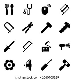 Solid vector icon set - spoon and fork vector, stethoscope, mouse wireless, bucksaw, fretsaw, bolt cutter, nail, screw, clinch, metal hacksaw, welding, dryer, gear, allen key set, awl, toy hammer