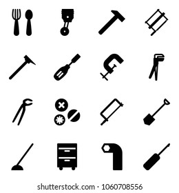 Solid vector icon set - spoon and fork vector, piston, hammer, bucksaw, mason, chisel, clamp, plumber, rivet, metal hacksaw, shovel, hoe, tool cabinet, allen key, awl