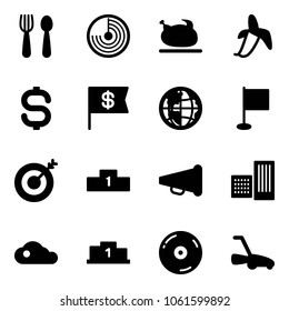 Solid vector icon set - spoon and fork vector, radar, turkey, banana, dollar sign, flag, globe, target, pedestal, speaker horn, building, cloud, cd, lawn mower