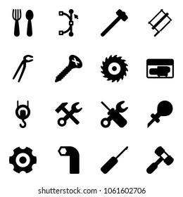 Solid vector icon set - spoon and fork vector, bezier, sledgehammer, bucksaw, plumber, screw, saw disk, generator, winch, wrench hammer, screwdriver, oiler, gear, allen key, awl, toy