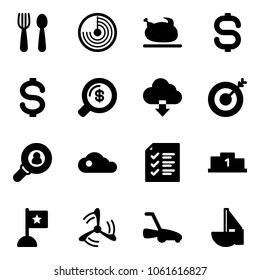 Solid vector icon set - spoon and fork vector, radar, turkey, dollar sign, money search, download cloud, target, head hunter, list, pedestal, flag, wind mill, lawn mower, sailboat toy