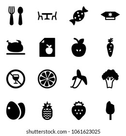 Solid vector icon set - spoon and fork vector, cafe, candy, turkey, diet list, apple, carrot, no alcohol sign, lemon slice, banana, broccoli, eggs, pineapple, strawberry, ice cream