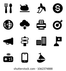 Solid vector icon set - spoon and fork vector, turkey, banana, dollar coin, globe, download cloud, printer, target, speaker horn, signpost, building, flag, joystick wireless, mobile phone