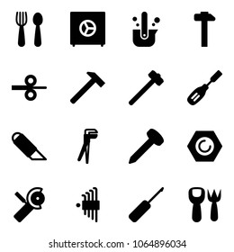 Solid vector icon set - spoon and fork vector, safe, casting of steel, hammer, rolling, sledgehammer, chisel, work knife, plumber, nail, nut, Angular grinder, allen key set, awl, shovel toy