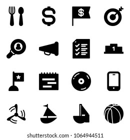 Solid vector icon set - spoon and fork vector, dollar sign, flag, target, head hunter, speaker horn, list, pedestal, terms plan, cd, mobile phone, wind mill, sailboat toy, basketball