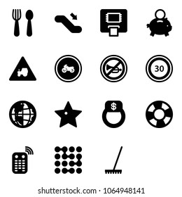Solid vector icon set - spoon and fork vector, escalator down, atm, piggy bank, tractor way road sign, no moto, horn, speed limit 30, globe, star, finger ring, lifebuoy, remote control, circuit