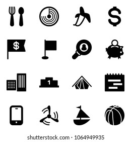 Solid vector icon set - spoon and fork vector, radar, banana, dollar, flag, head hunter, piggy bank, building, pedestal, tent, terms plan, mobile phone, wind mill, sailboat toy, basketball