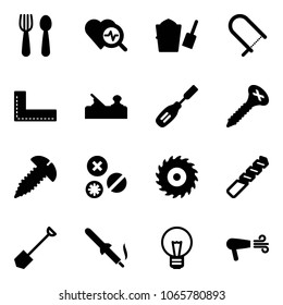 Solid vector icon set - spoon and fork vector, heart diagnosis, bucket scoop, fretsaw, corner ruler, jointer, chisel, screw, rivet, saw disk, drill, shovel, soldering iron, bulb, dryer