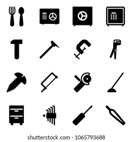 Solid vector icon set - spoon and fork vector, safe, work, mason hammer, clamp, plumber, screw, metal hacksaw, Angular grinder, hoe, tool cabinet, allen key set, awl, forceps