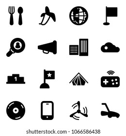 Solid vector icon set - spoon and fork vector, banana, globe, flag, head hunter, speaker horn, building, cloud, pedestal, tent, joystick wireless, cd, mobile phone, wind mill, lawn mower