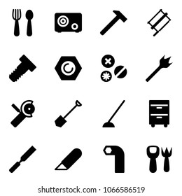 Solid vector icon set - spoon and fork vector, safe, hammer, bucksaw, bolt, nut, rivet, wood drill, Angular grinder, shovel, hoe, tool cabinet, rasp, work knife, allen key, toy