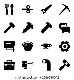 Solid Vector Icon Set - Spoon And Fork Vector, Steel Rolling, Saw, Axe, Nail, Screw, Machine Tool, Jig, Protect Glass, Pipe Welding, Gear, Box, Laser Lever, Allen Key, Toy Hammer