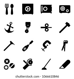 Solid vector icon set - spoon and fork vector, safe, anchor, piston, steel rolling, sledgehammer, mason hammer, chisel, clamp, plumber, rivet, Angular grinder, hoe, work knife