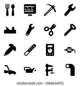 Solid vector icon set - spoon and fork vector, diagnostic monitor, job, wrench, jointer, scissors, screw, drill, multimeter, jack, lawn mower, oiler, clamp, allen key