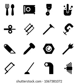 Solid vector icon set - spoon and fork vector, safe, piston, casting of steel, rolling, bucksaw, mason hammer, clamp, work knife, nail, nut, wood drill, metal hacksaw, hoe, allen key, set