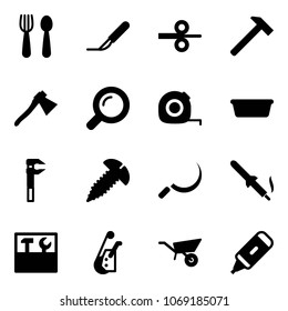 Solid vector icon set - spoon and fork vector, scalpel, steel rolling, hammer, axe, magnifier, measuring tape, basin, screw, sickle, soldering iron, tool box, winch, wheelbarrow, marker