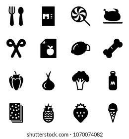 Solid vector icon set - spoon and fork vector, coffee machine, lollipop, turkey, santa stick, diet list, lemon, broken bone, sweet pepper, onion, broccoli, milk, breads, pineapple, strawberry